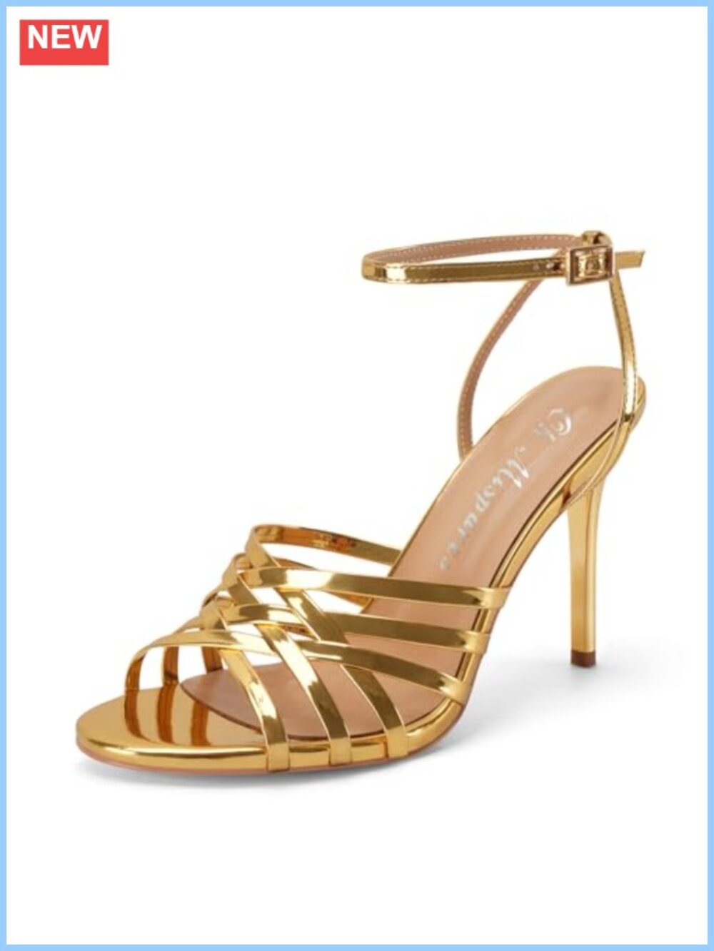 Women's Gold Stiletto Heel Sandals Strappy 3.5 Inch Faux Leather Formal